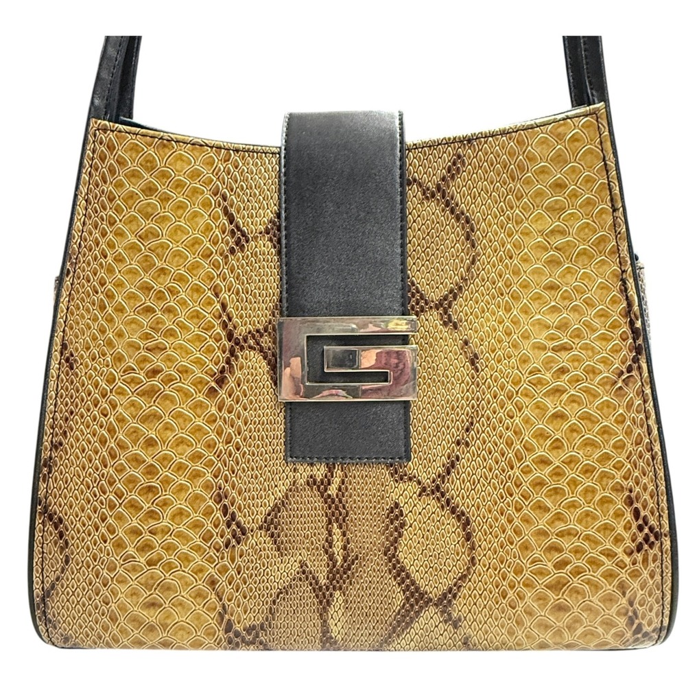 Vintageโ Women's Shoulder Bag Tan Faux Snakeskin Embossed G Logo